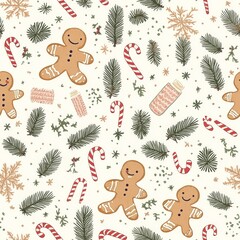 Obraz premium Festive gingerbread men, candy canes, and winter greenery adorn a cheerful background.