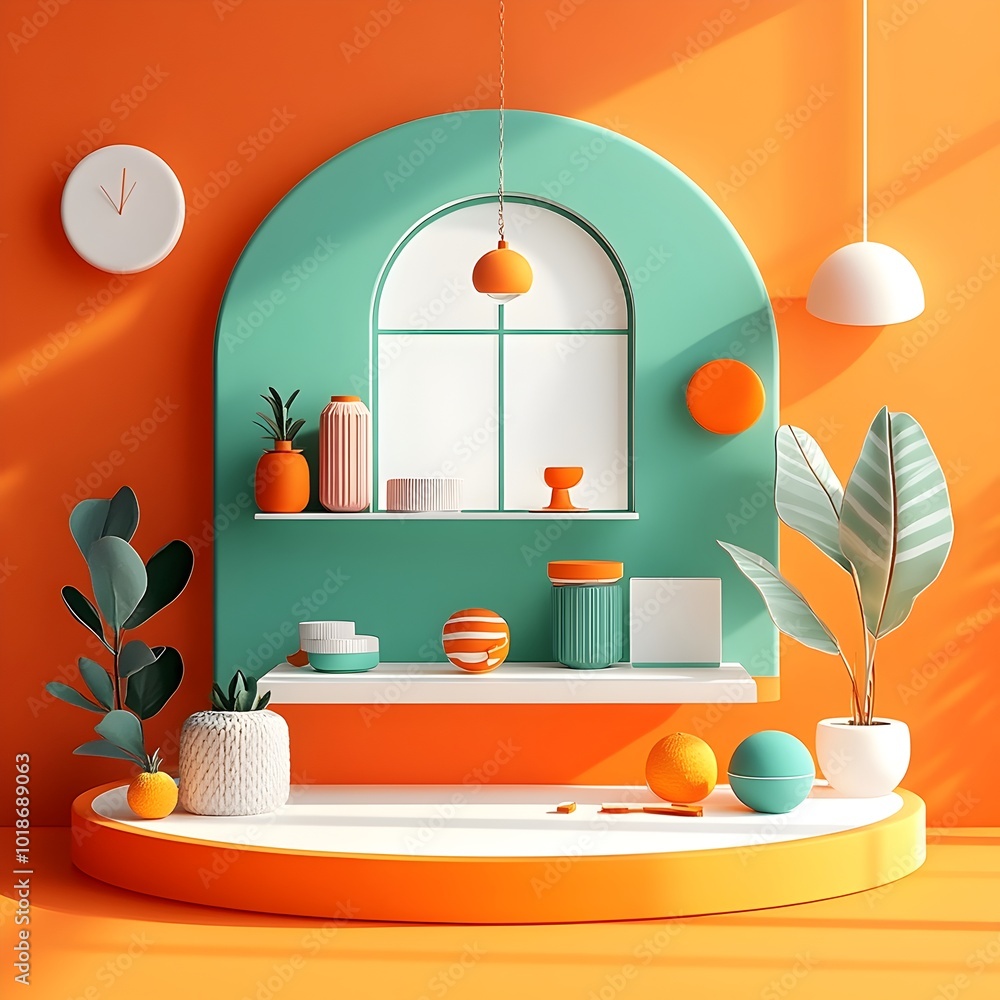 Poster minimalist 3d product showcase with warm orange backdrop empty platform and window lighting casting 