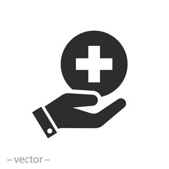 Fototapeta premium medical help, provision of first aid, hand holding medical cross icon, flat vector illustration