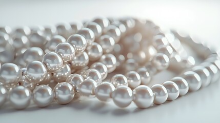 Close up of white pearls on background. White pearl texture. Concept of accessories, jewelry.