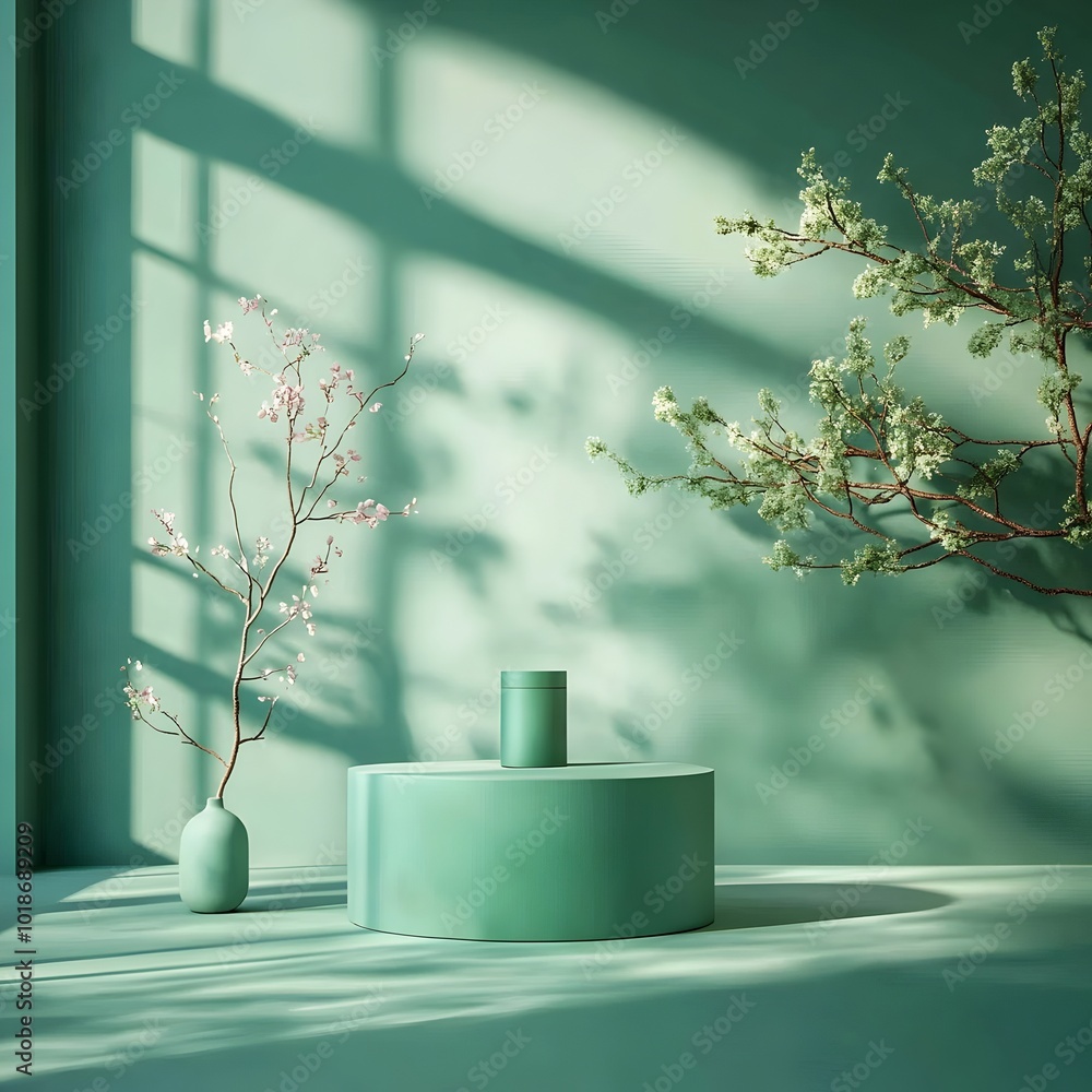 Poster minimalist 3d studio space with deep green backdrop empty room showcasing a clean product mockup des