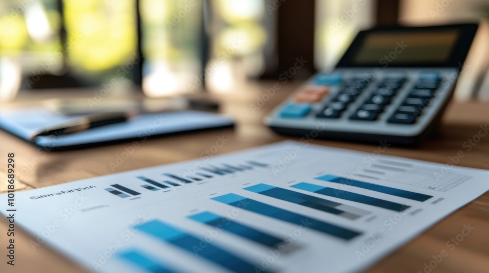 Poster finance report with graphs and calculator on table