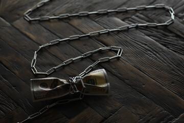 Chained Money Concept: Dollar Bills Tied with Metal Chain on Wooden Surface