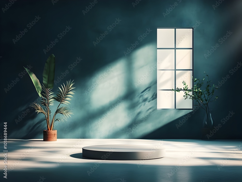 Poster sleek 3d product showcase room with navy blue backdrop clean empty floor and walls dramatic shadow c