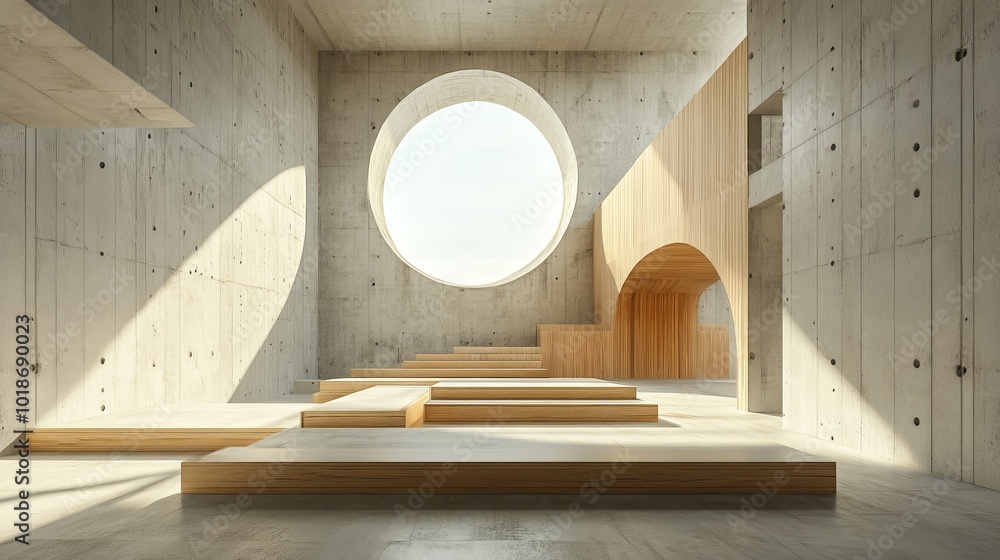 Poster here is the 3d rendering of the abstract concrete and wood interior space with multiple levels and l