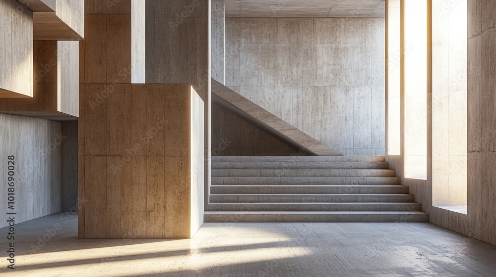 Poster here is the 3d rendering of the abstract concrete and wood interior space with multiple levels and l