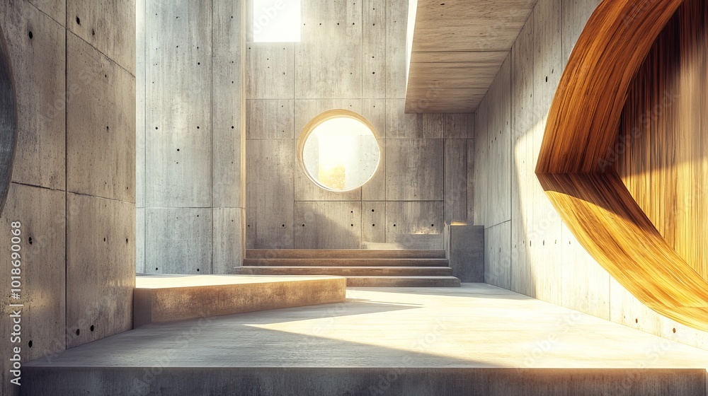 Poster here is the 3d rendering of the abstract concrete and wood interior space with multiple levels and l