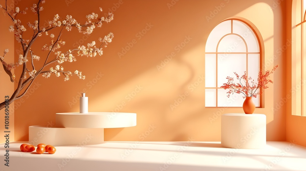 Poster intricate 3d studio room with warm sienna backdrop empty minimalist floor and walls product podium c