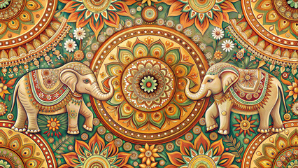 Fototapeta premium Intricate Indian pattern with mandala and elephants in earthy tones