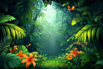 Fototapeta premium Lush Tropical Jungle with Birds and Flowers