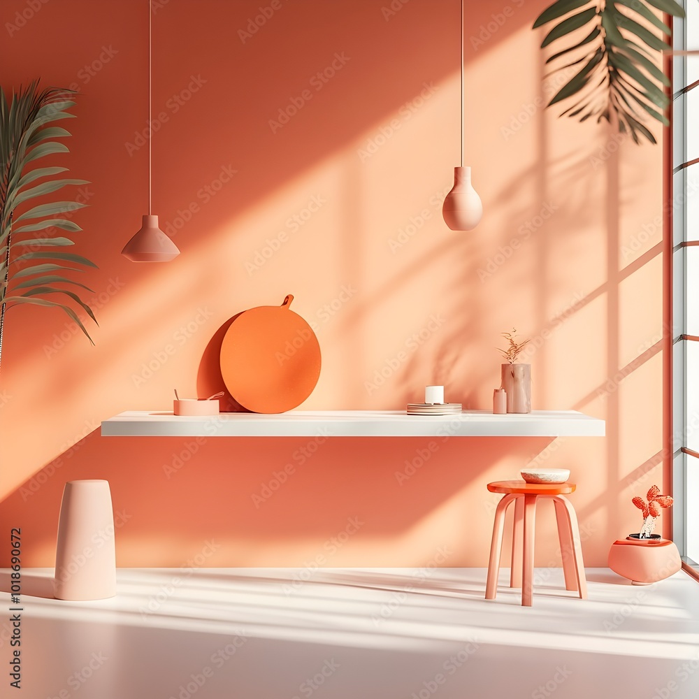 Poster minimalist 3d studio environment with soft coral wall panels empty room setting product display stan