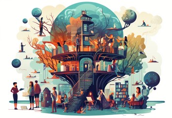 Creative collaboration in a whimsical treehouse workspace