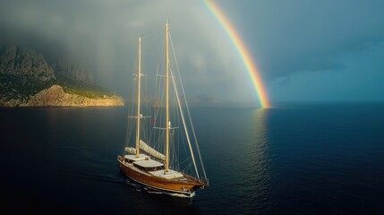 A wide-angle aerial shot of a yacht sailing under a beautiful arching rainbow after a light rain shower, creating a magical and enchanting atmosphere at sea.