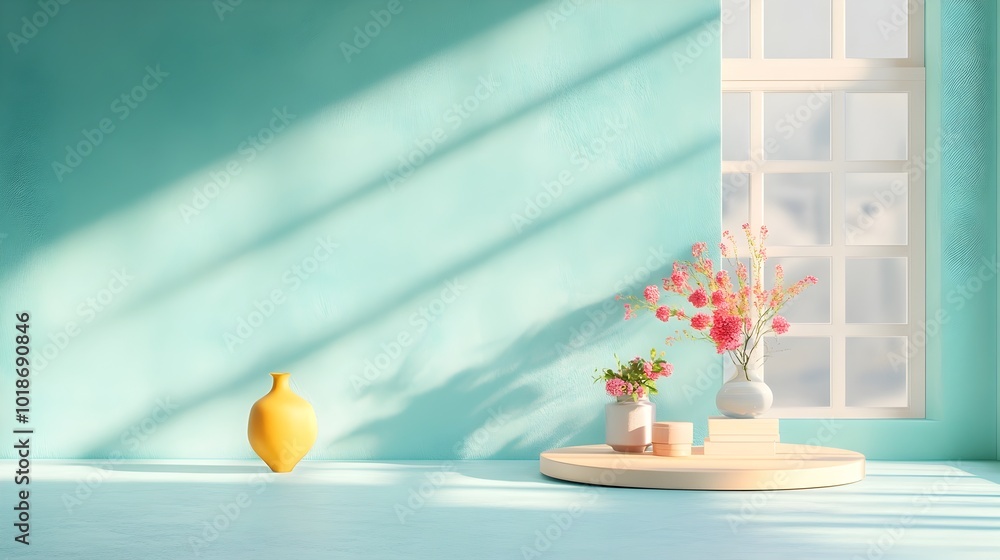 Aufkleber serene and modern 3d studio room with a calming aqua background an empty floor and wall and a produc