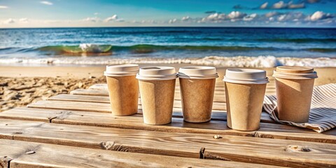 Naklejka premium Coffee cups resting on a wooden table by the beach.