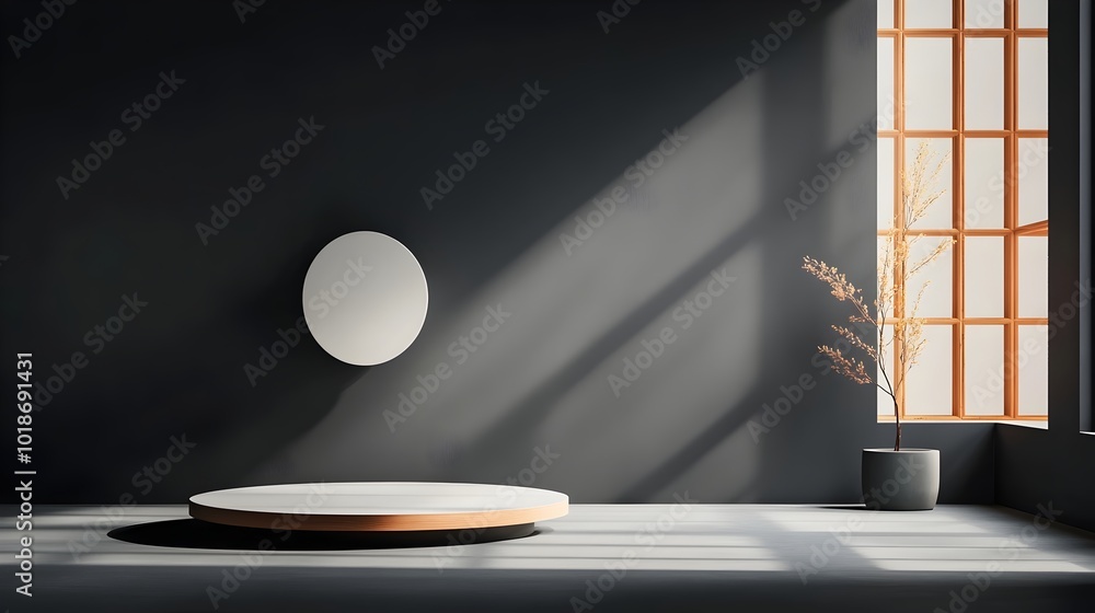 Poster minimalist 3d studio room with deep charcoal background empty floor and wall product podium in cente