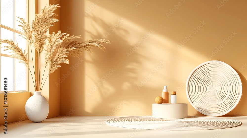 Poster Serene 3D studio room with an earthy brown background empty floor and wall featuring a product podium subtle shadow overlay from the window to the countertop and a diffused sunlit mockup