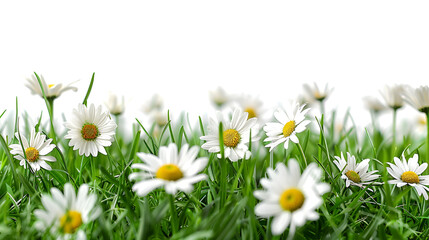White daisies on grass set against a white copy space 
