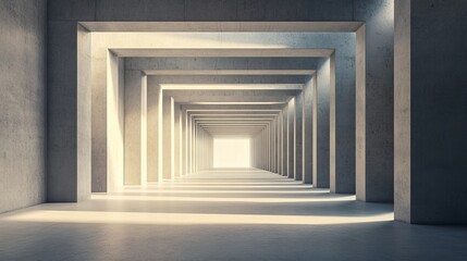 
A 3D illustration and rendering of an abstract, architectural minimalistic background featuring a contemporary showroom. The scene showcases a modern concrete exhibition tunnel with clean lines 