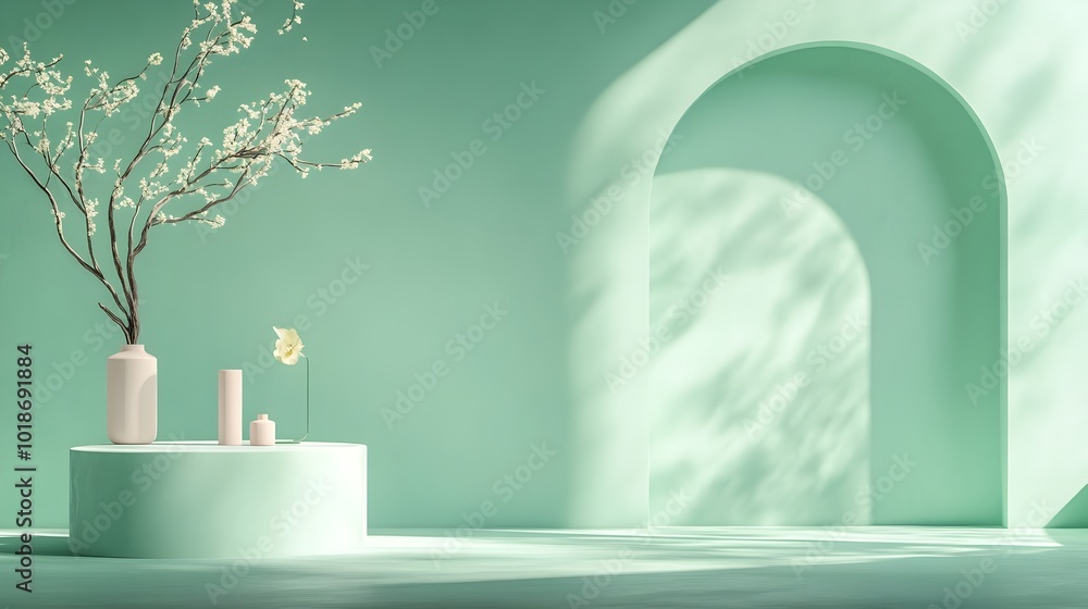 Poster a serene and sophisticated 3d studio room featuring a calming celadon green background an empty floo