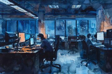 Fototapeta premium A painting of a room with people working at their desks