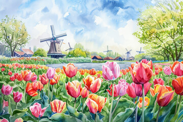 A painting of a field of tulips with a windmill in the background