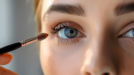 Close up of female eye with bright makeup and brush applying mascara on eyelashes