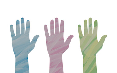 raised hands of the person in different colors 