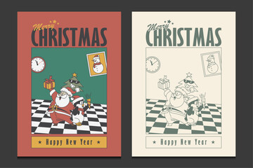 Obraz premium Merry Christmas and happy new year card with retro cartoon character, vector illustration