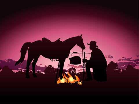 cow-boy oeste con caballo en una hoguera
