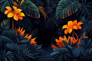 Naklejka premium Dark Green Tropical Leaves with Orange Flowers