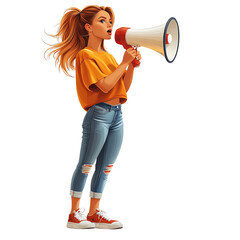 A young woman with a megaphone passionately expressing her ideas and calling for attention in a vibrant setting.