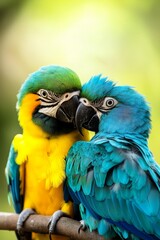  A tight shot of two parrots perched on a branch against a backdrop of trees