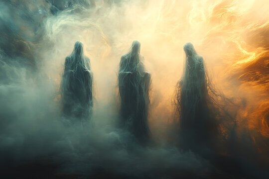 Three mysterious figures stand amidst a swirling, ethereal fog