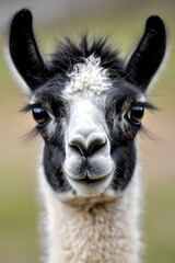 Obraz premium A tight shot of a llama's face, displaying black and white fur, against a backdrop of a lush green field