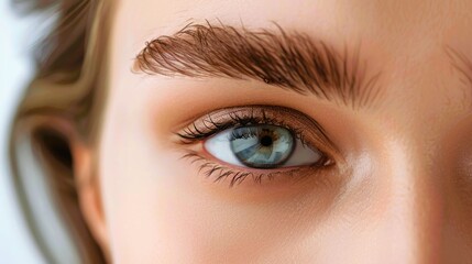 Obraz premium Close up of female eye with bright makeup and brush applying mascara on eyelashes