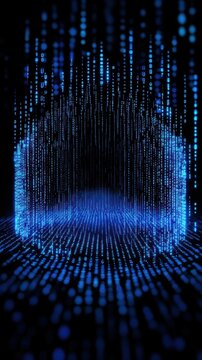 Digital home icon created with glowing blue binary code on a dark background.