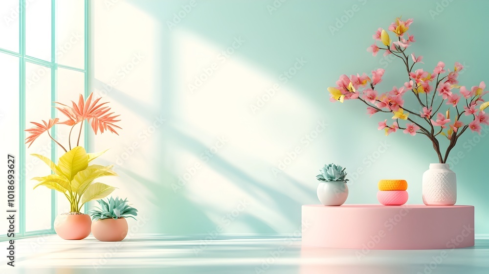 Poster soft lavender hued 3d studio room with empty floor wall and product podium shadow overlay from the w
