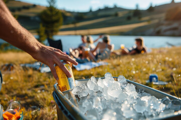 A man is holding a can of beer and pouring it into a cooler filled with ice
