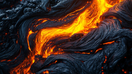 Lava flows in a volcanic landscape during the eruption, showing bright orange streams and dark rock