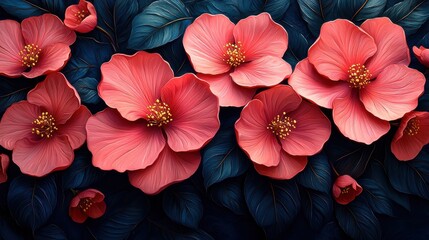 Obraz premium Vivid pink hibiscus flowers bloom against a dark background, showcasing nature's beauty in a tropical garden during midday