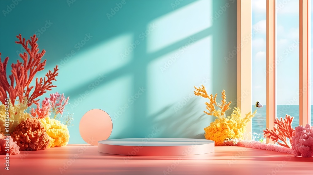 Poster Minimalist 3D studio room with a vibrant coral reef background an empty floor and wall a sleek product podium and a dramatic shadow overlay from a large window casting across the countertop