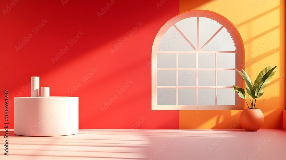 Aufkleber sleek 3d studio room setting with bold red background empty floor and walls product podium and a sha