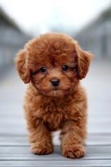  A small, brown dog sits on a wooden floor against a white and gray backdrop, gazing at the camera