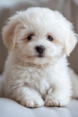  A small white dog sits on a white couch beside a wall with a single black spot
