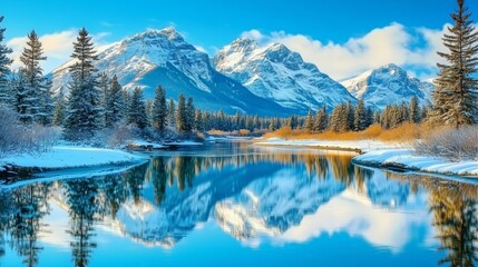 Almost nearly perfect reflection of the Rocky mountains in the Bow River. Near Canmore, Alberta Canada. Winter season is coming. Bear country. Beautiful landscape background concept. 