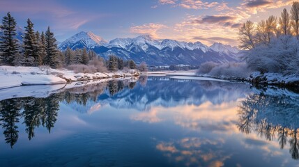 Obraz premium Almost nearly perfect reflection of the Rocky mountains in the Bow River. Near Canmore, Alberta Canada. Winter season is coming. Bear country. Beautiful landscape background concept. 