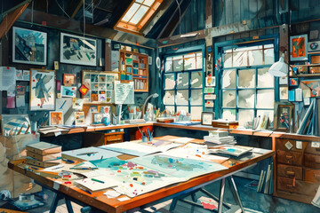 Obraz premium A messy studio with a desk and a window