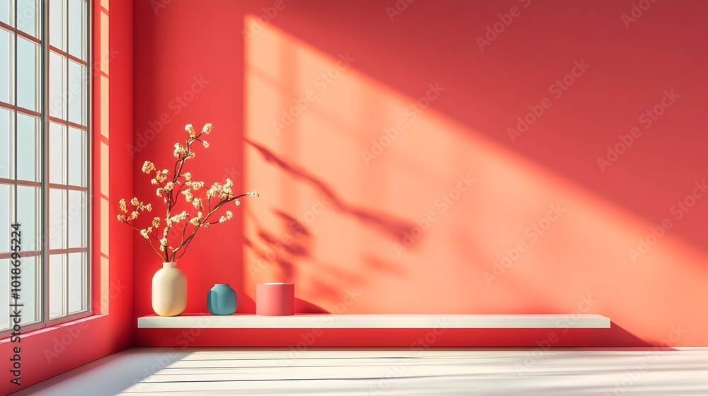 Poster vibrant fuchsia colored 3d studio room with minimalist modern design and influence empty floor and w