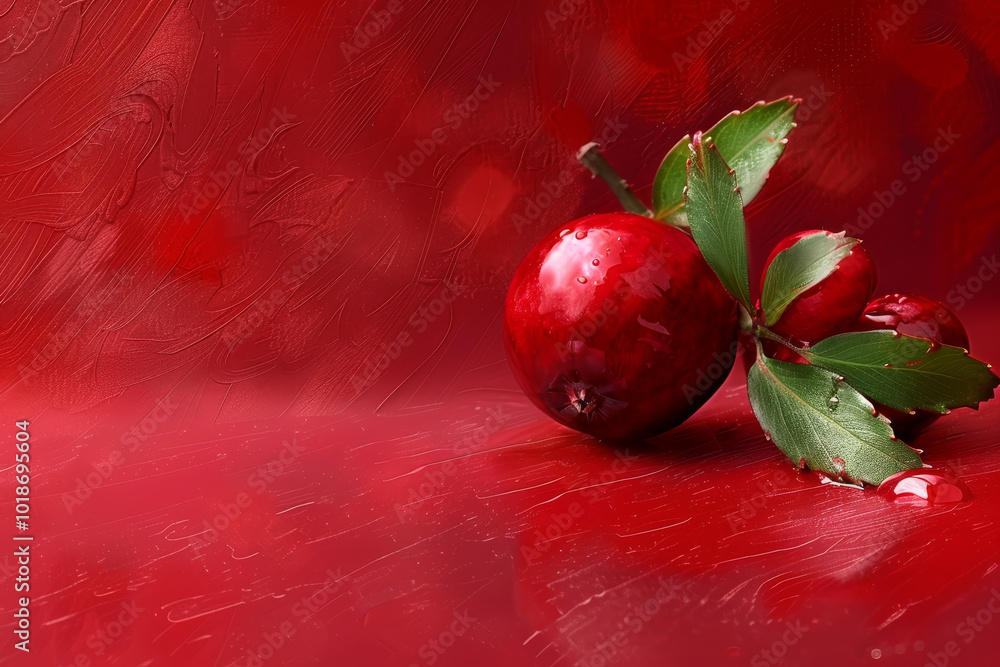 Poster a red apple with a leaf on top is sitting on a red background